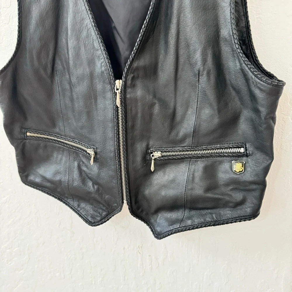 Harley Davidson Womens L Genuine Leather Zip Pocket Vest Biker Motorcycle Vtg